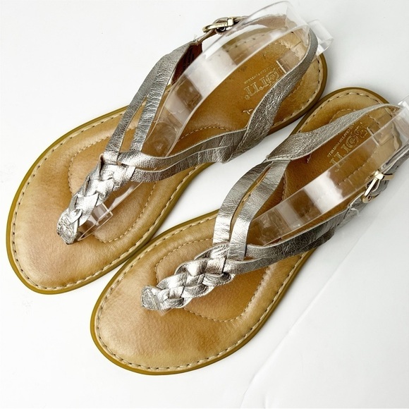 Born Lake Sandals 9M metallic leather braided flat buckle boho neutral strappy - Picture 7 of 12